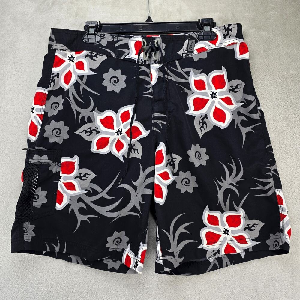 No Fear Board Shorts Mens Size 34 Black Floral Trival Swim Trunks Vtg Y2K Surf